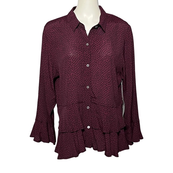 Habitat Clothes to Live In Double Flounce Top Peplum Ruffle Hem Tunic Wine Dot L - Picture 2 of 10
